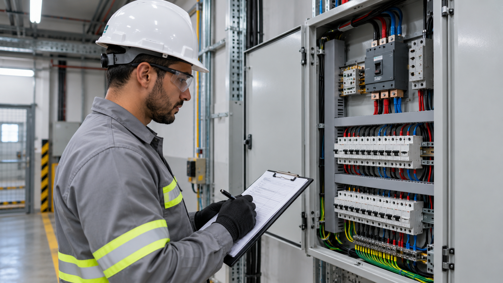 Engenheiro inspecionando painel elétrico com checklist