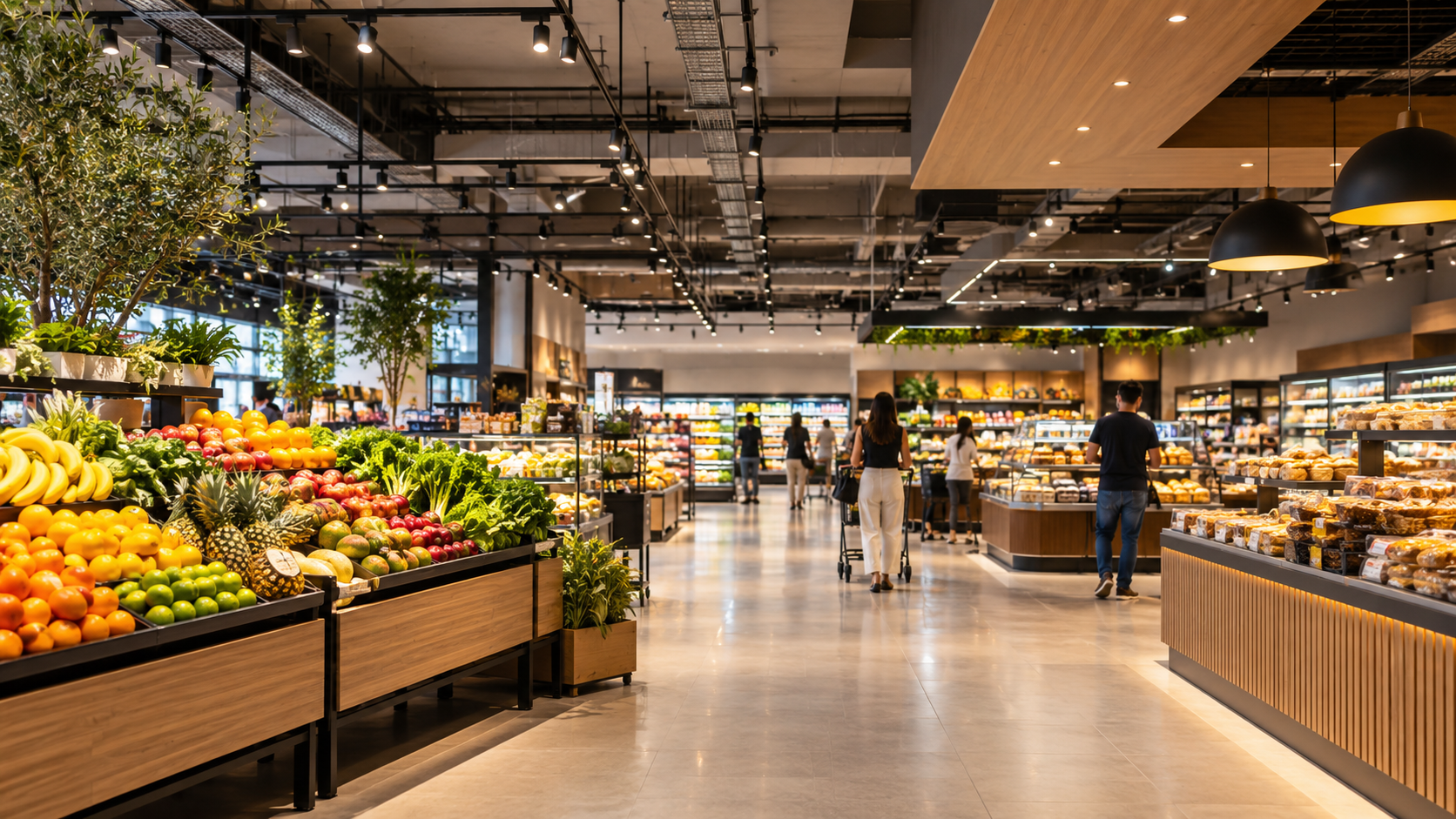 Ambiente comercial moderno com iluminação e infraestrutura elétrica