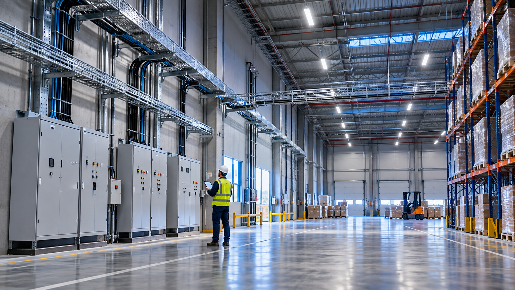 Galpão industrial com painéis, eletrocalhas e iluminação elétrica