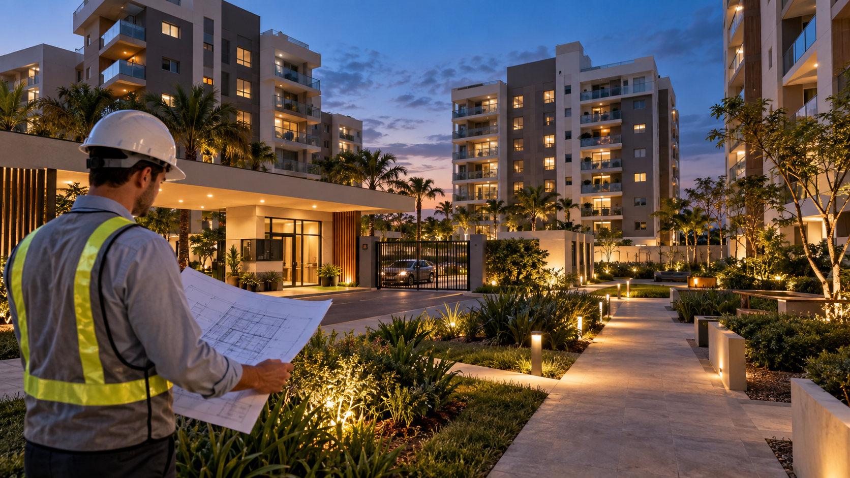Condomínio residencial com áreas comuns e iluminação planejada