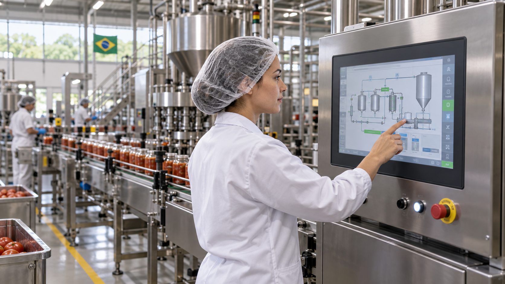 Operadora usando IHM em linha de produção
