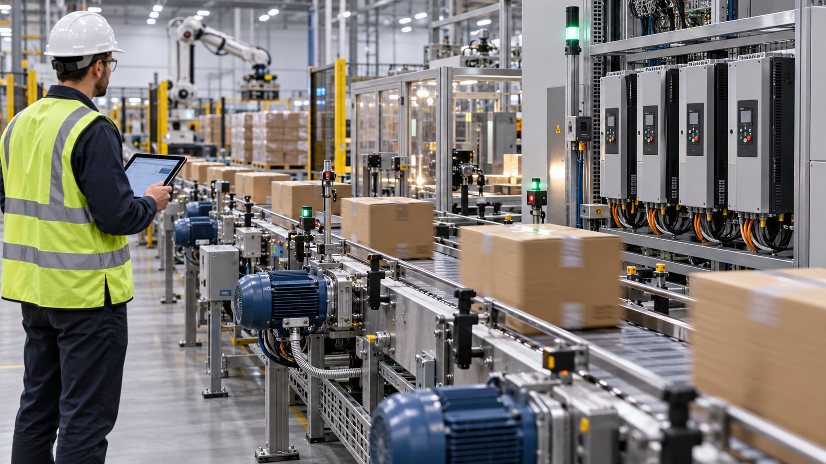 Linha automatizada com sensores, motores e inversores